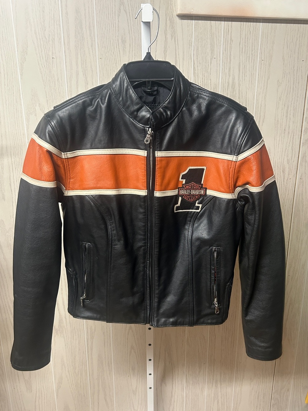 Harley Davidson Womens VICTORY LANE Leather Jacket Orange Stripe Size Small - Picture 5 of 9